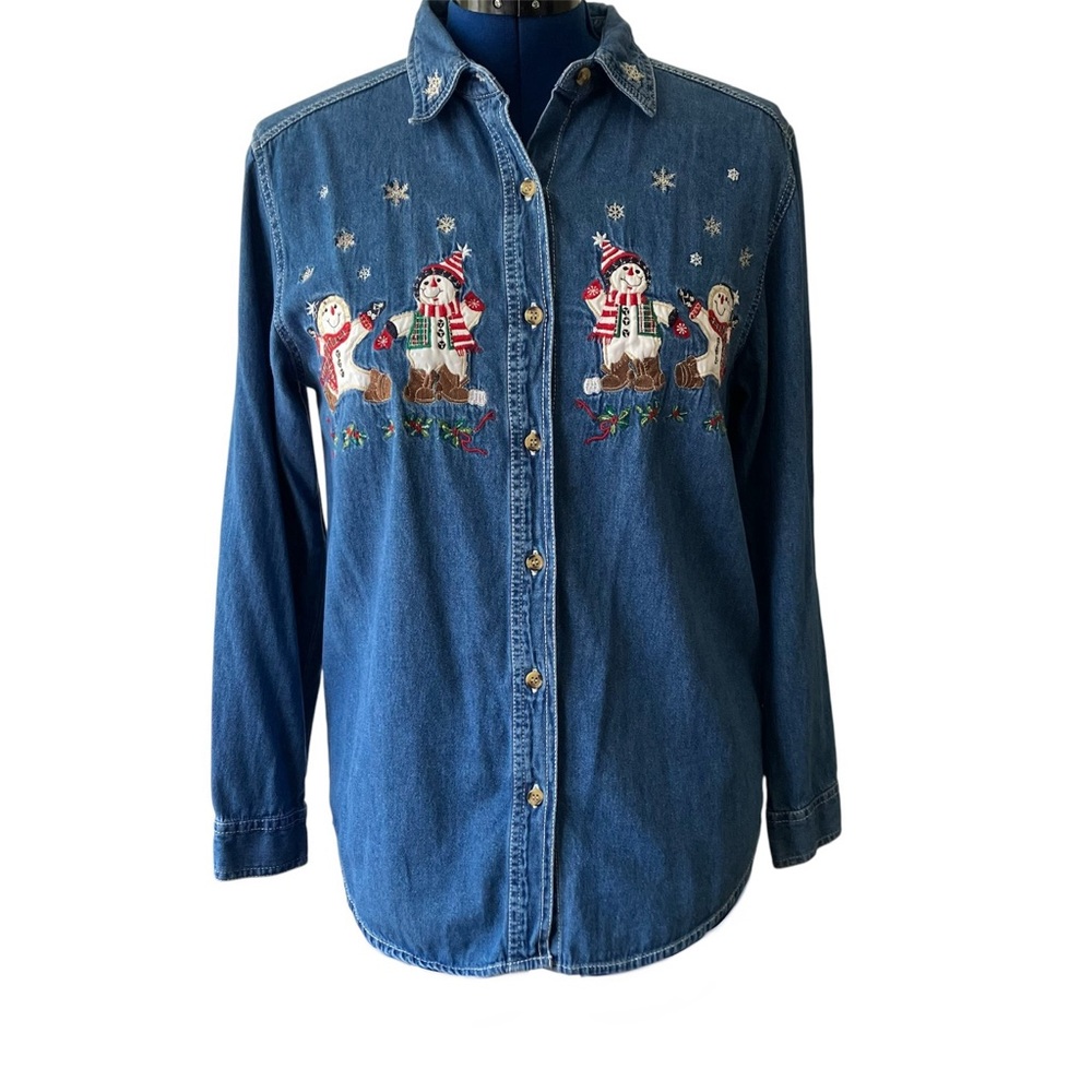 Bobbie Brooks Denim Snowman Christmas Shirt Size M Embroidered Holiday Vintage